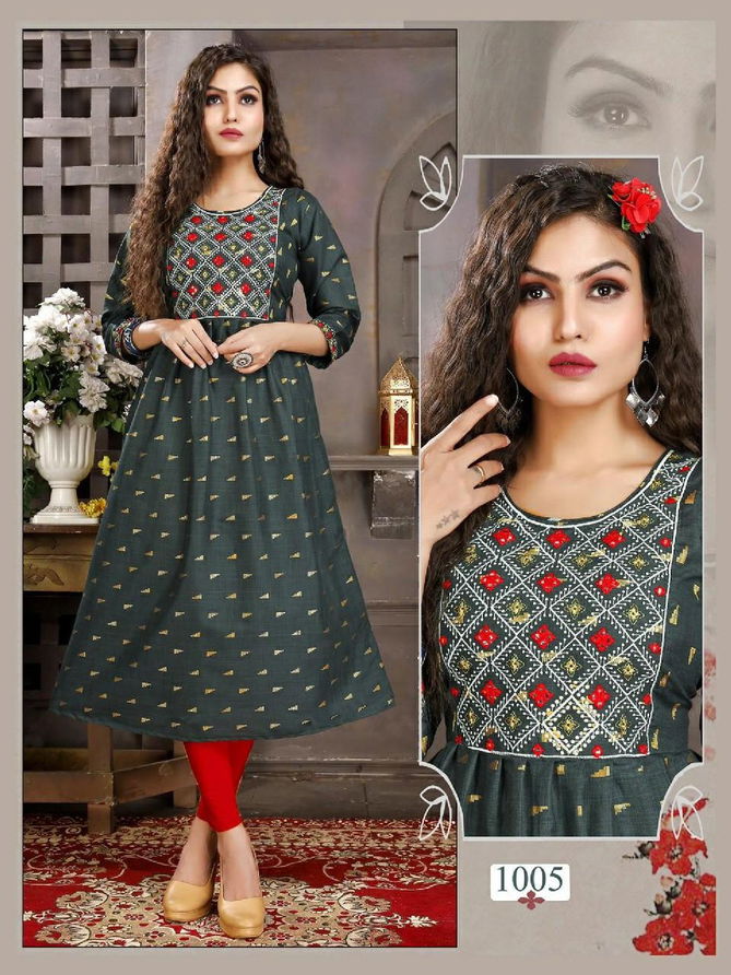 Riyaa Avni 1001 Heavy Cotton Printed Ethnic Wear Embroidery Kurti Collection